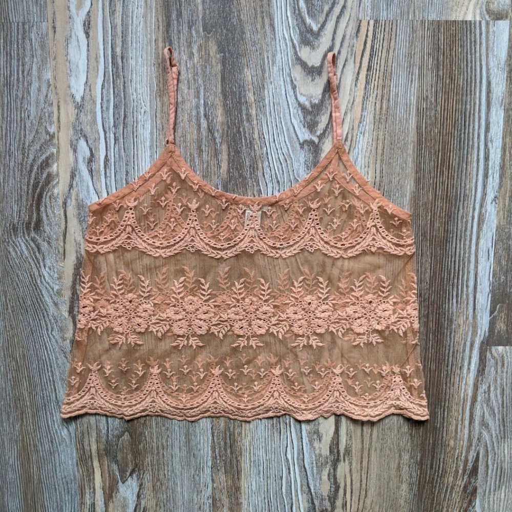 Cute Summer Blush Pink Forever 21 Tank Top / Spaghetti Strap / Embroidered Mesh